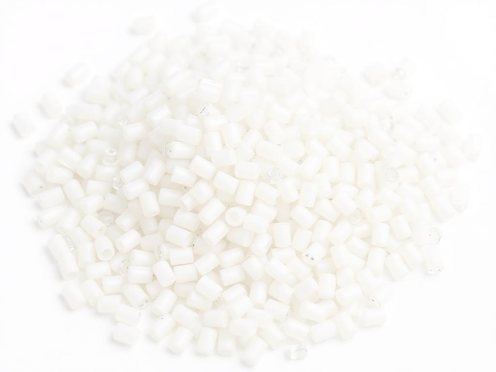Heap of translucent white polyethylene resin pellets on a white studio background