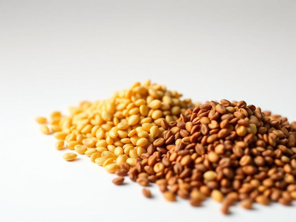 Yellow mustard seeds and brown mustard seeds side by side in two heaps on a white background