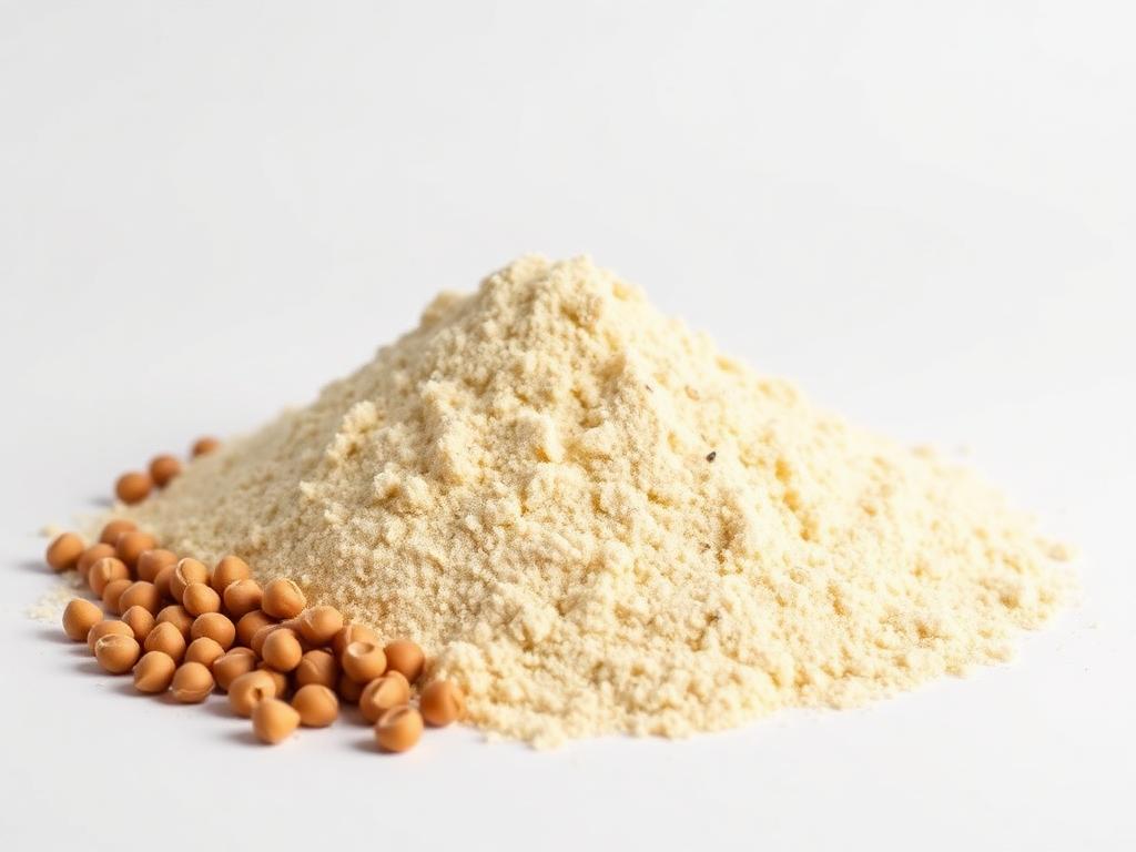 Mound of pale yellow milled pulse flour with whole dry peas beside it on a white background