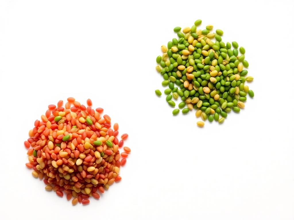 Split red lentils and whole green lentils in two separate heaps on a white studio background