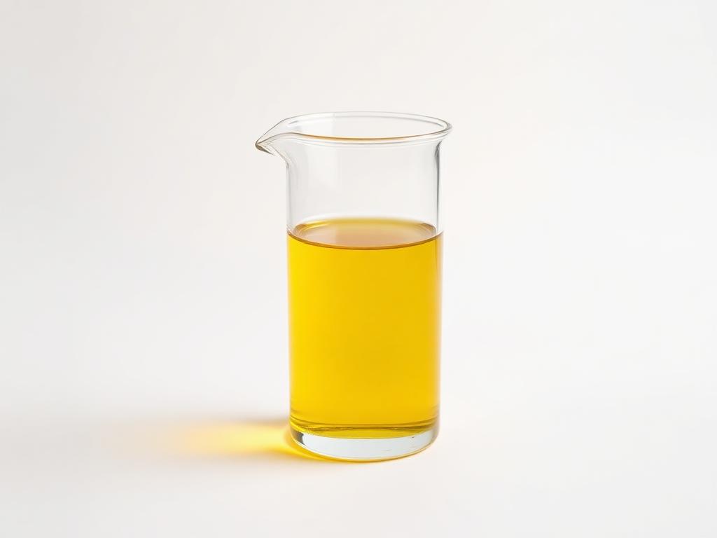 Glass beaker of clear golden refined canola oil on a white studio background