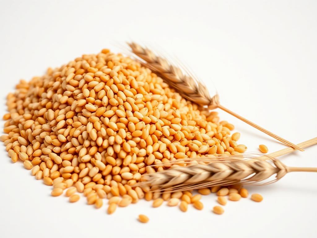 Heap of amber durum wheat kernels with two wheat ears on a white studio background