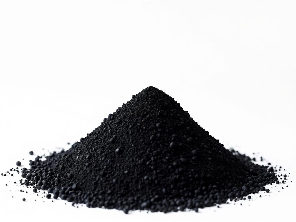 Mound of deep matte black thermal carbon black powder and fine pellets on a white background