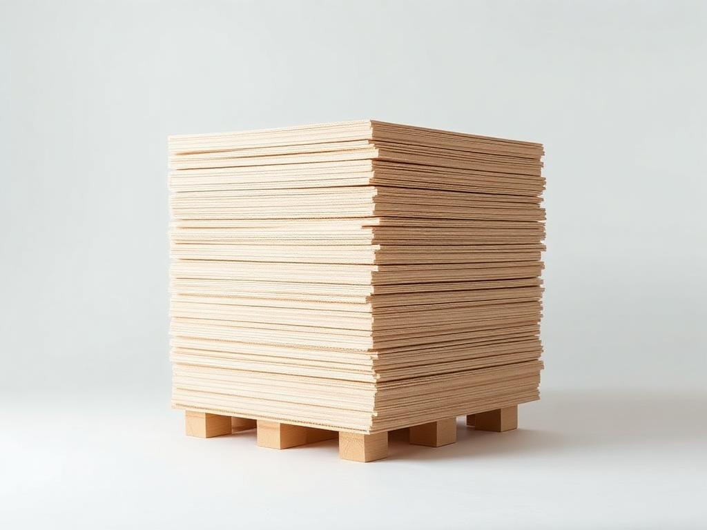 Stacked bale of pale cream bleached softwood kraft pulp sheets on a white background
