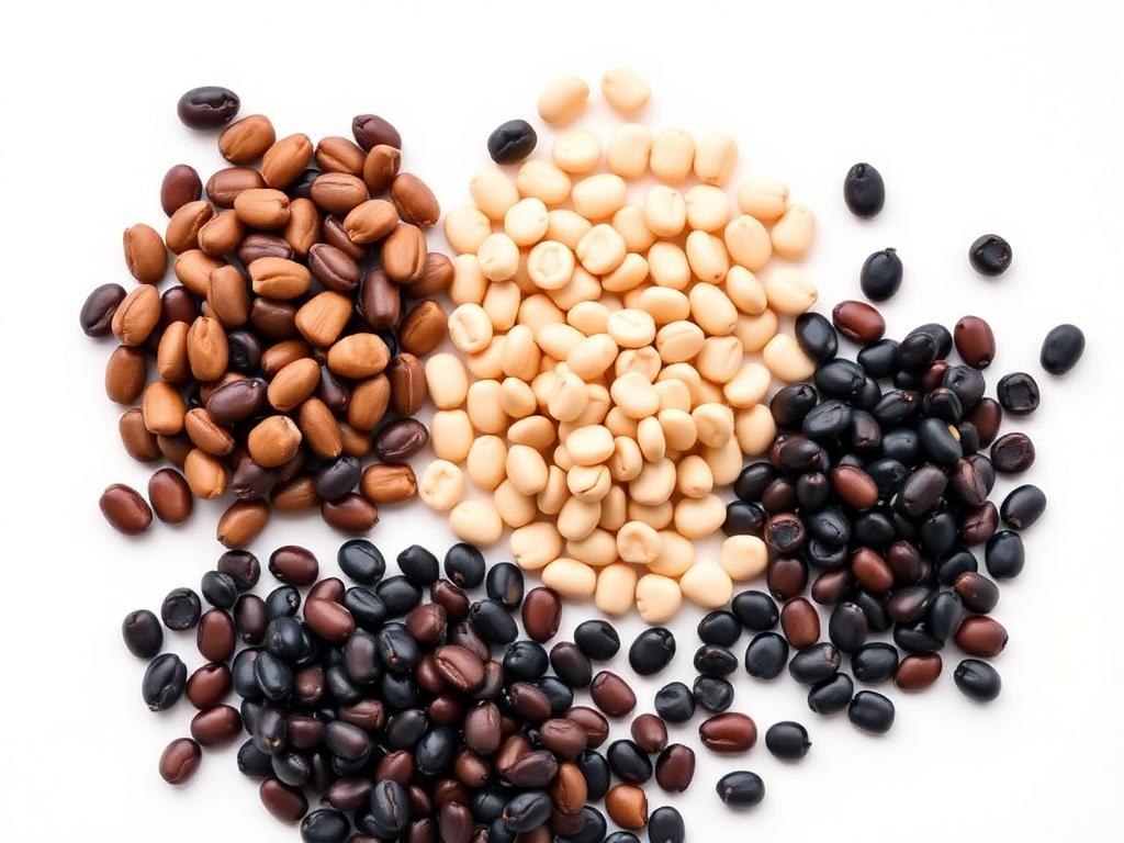 Navy, pinto and black dry edible beans arranged in separate heaps on a white background