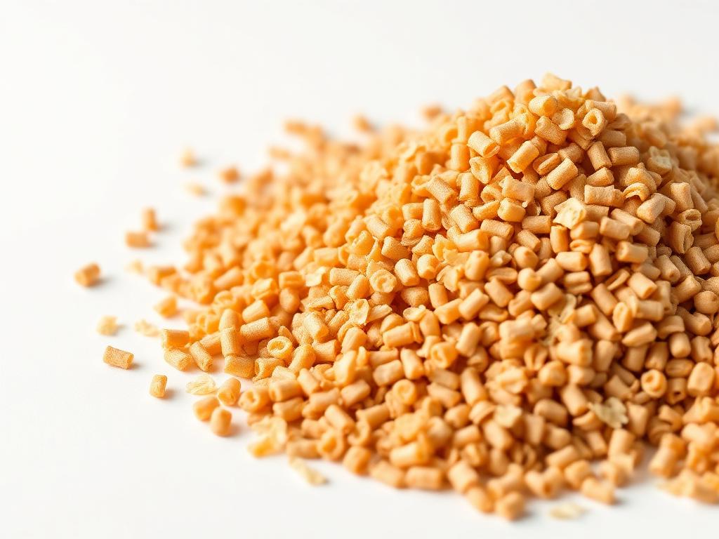 Heap of coarse light brown canola meal feed pellets and flakes on a white background