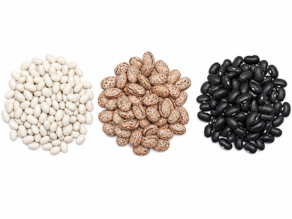 Canadian navy, pinto and black dry edible beans in three separate heaps on a white studio background
