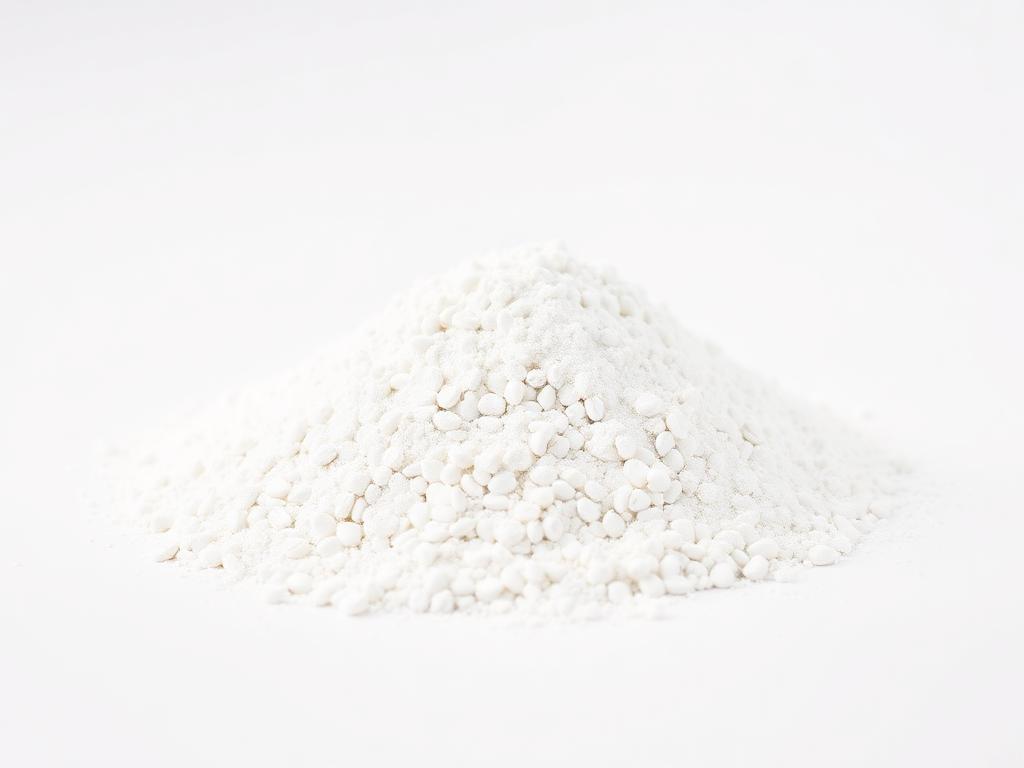 Mound of bright white fine pea starch powder on a white studio background