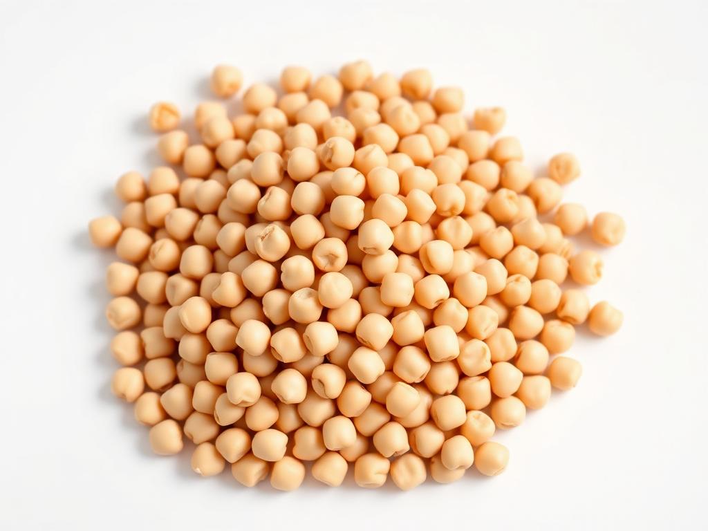 Pile of large beige kabuli chickpeas photographed from above on a white background