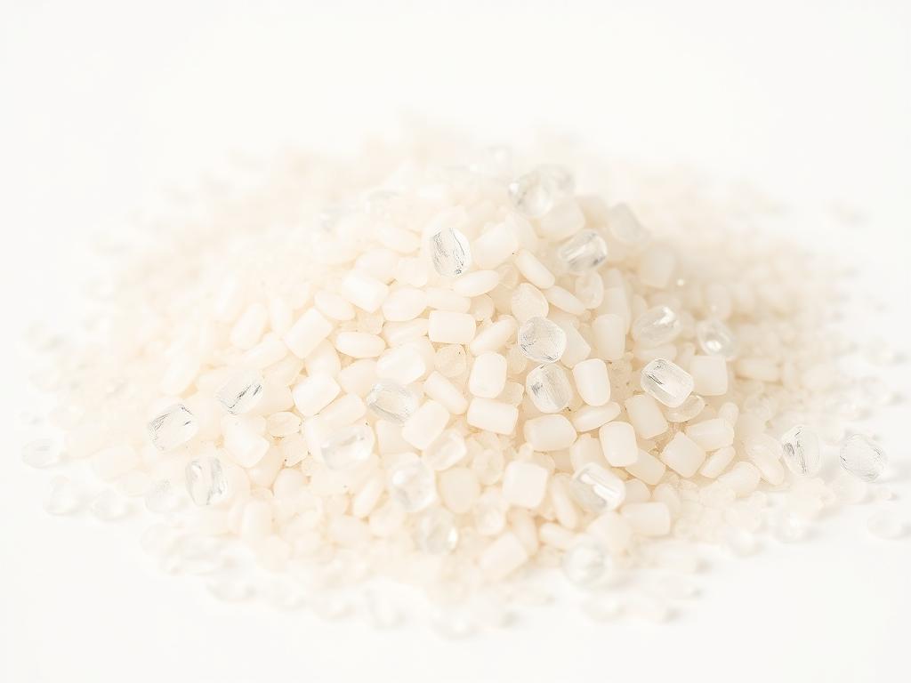 Heap of glossy natural polypropylene resin granules on a white studio background