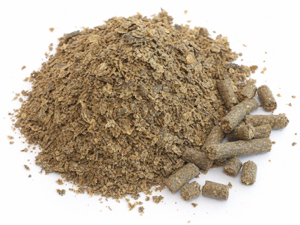 Heap of coarse flaky brown canola meal with compressed feed pellets on a white studio background