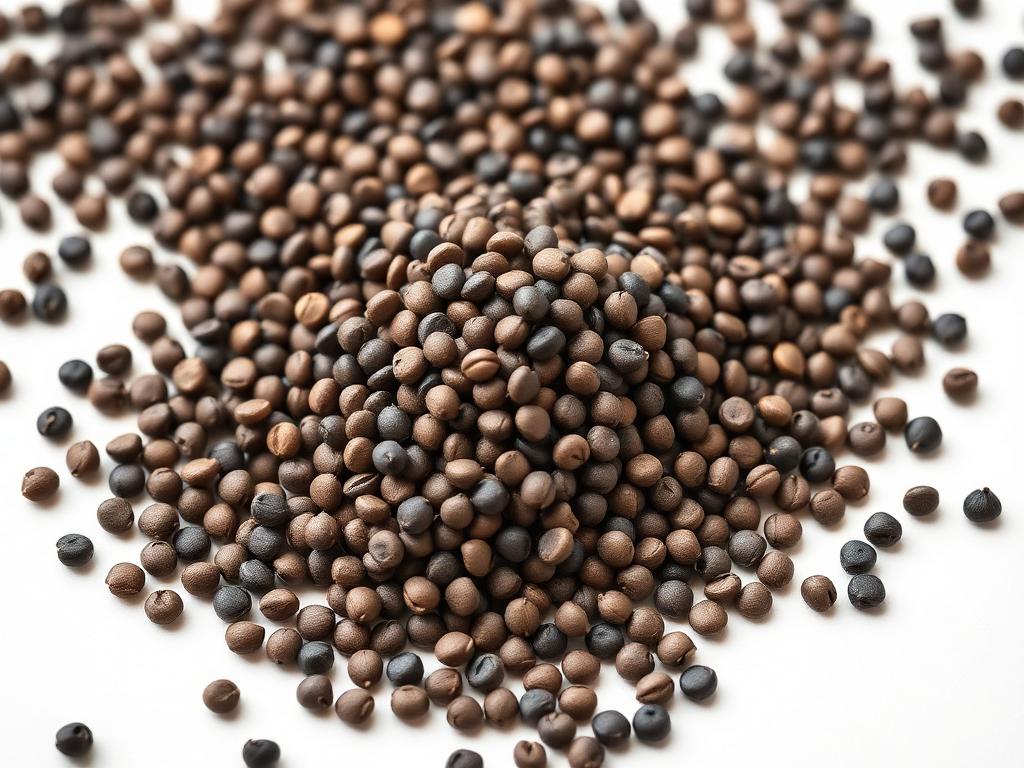 Heap of small round dark brown canola rapeseed seeds on a white studio background