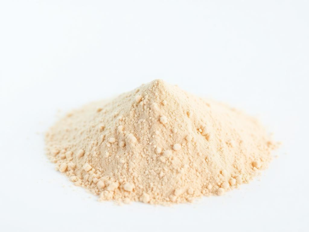 Mound of fine pale beige pea protein isolate powder on a white studio background