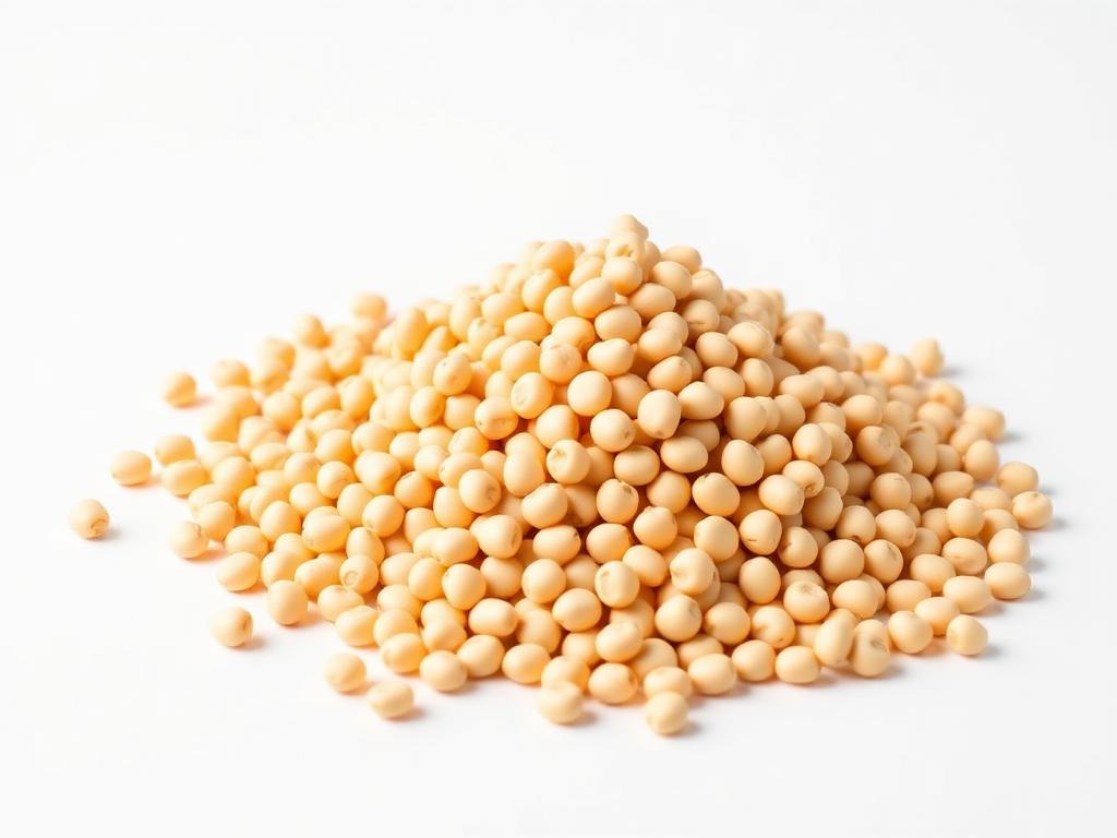 Heap of whole yellow soybeans photographed on a white studio background