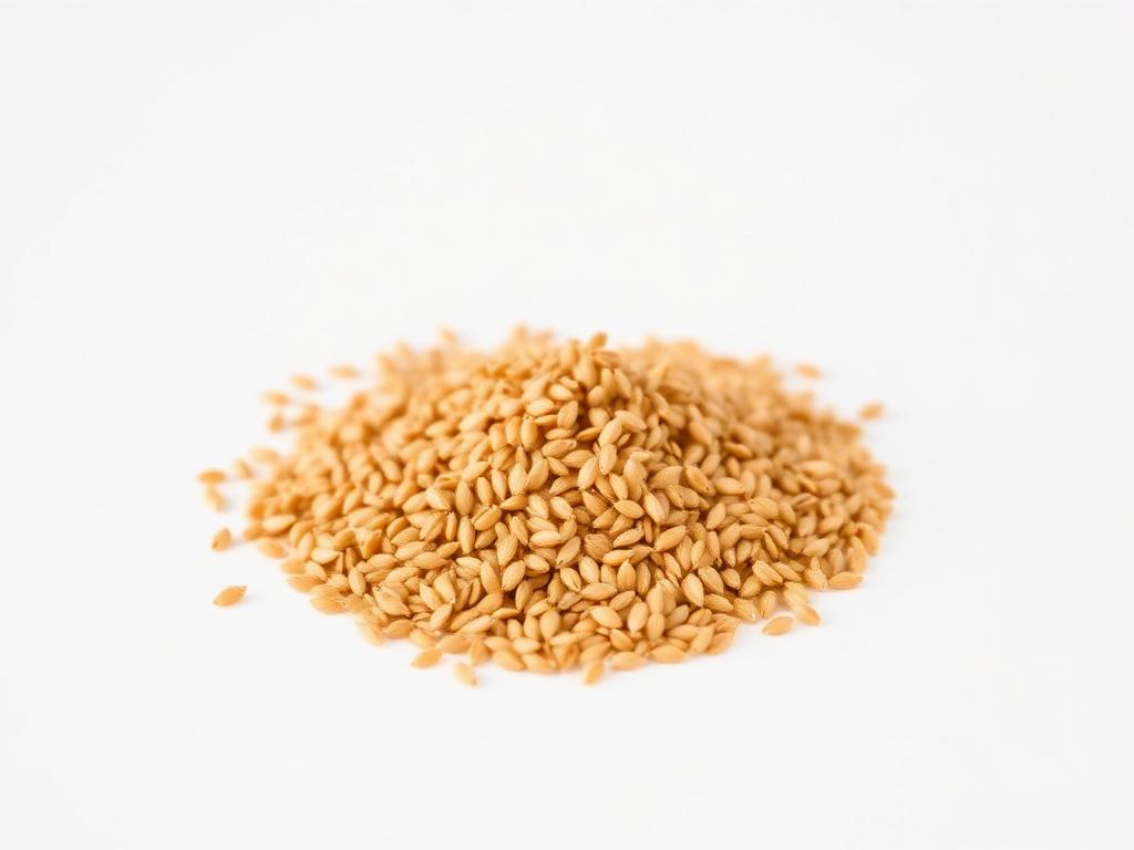 Small heap of glossy golden brown flaxseed grains on a white studio background