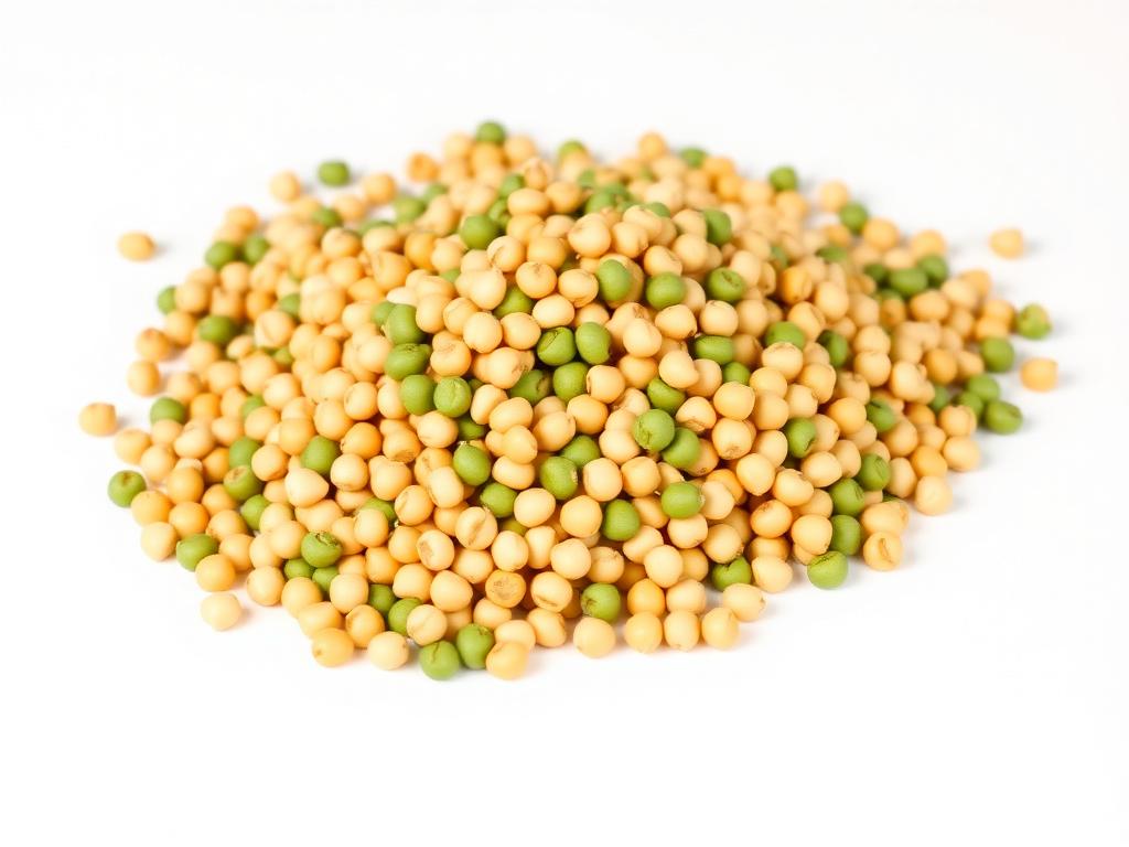 Heap of dry yellow field peas mixed with green peas on a white studio background