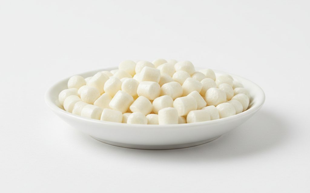 Grade confirmed at quotation — opaque, cream-colored to white rigid pellets with a smooth, matte or slightly glossy surface finish, studio product photograph