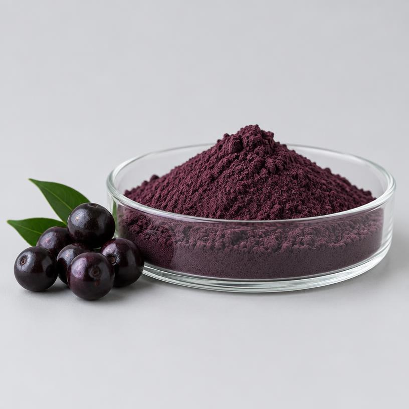 Acai Berry Extract — Supplement Grade — studio photograph of fine extract powder, presented as a B2B sourcing category illustration
