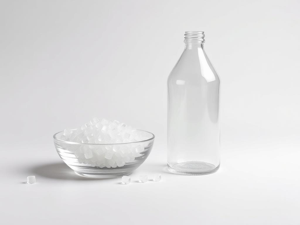 Small heap of clear acetaldehyde scavenger masterbatch pellets beside a PET preform on a neutral studio background