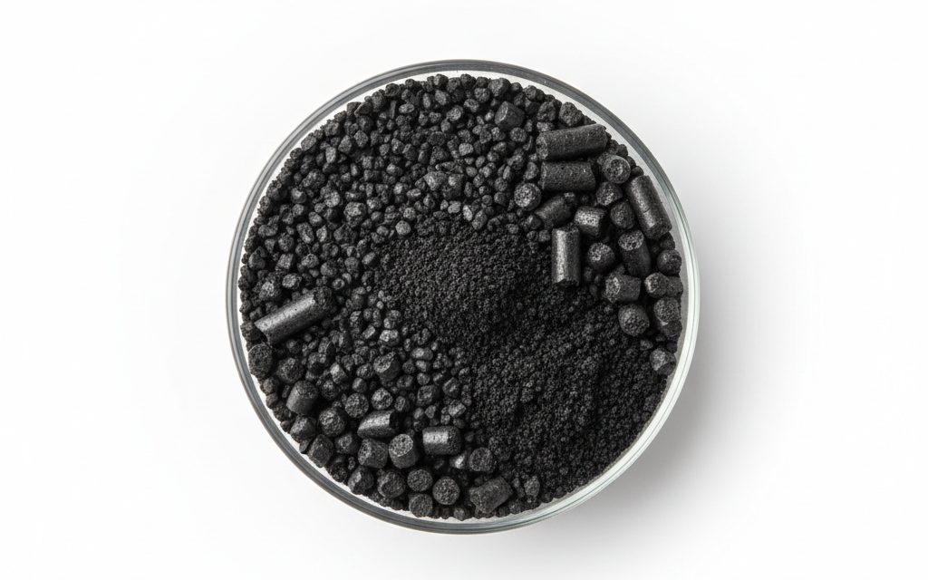 Grade confirmed at quotation — black, porous granules, extruded pellets, or fine powder with a matte finish and a dry, gritty texture, studio product photograph