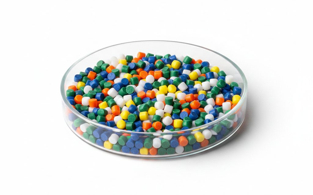 Grade confirmed at quotation — small, uniform thermoplastic pellets available in various colors, featuring a hard, smooth surface and consistent cylindrical or spherical shape, studio product photograph