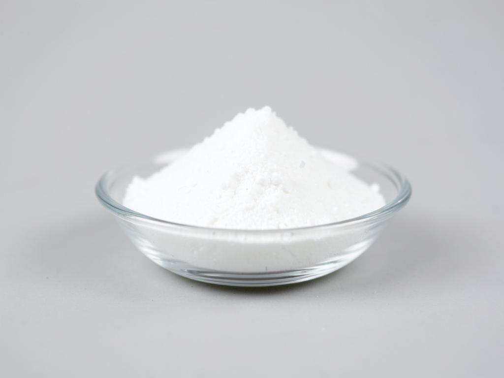 Adipic acid shown as a fine white crystalline powder heaped in a shallow glass dish in a neutral studio photograph