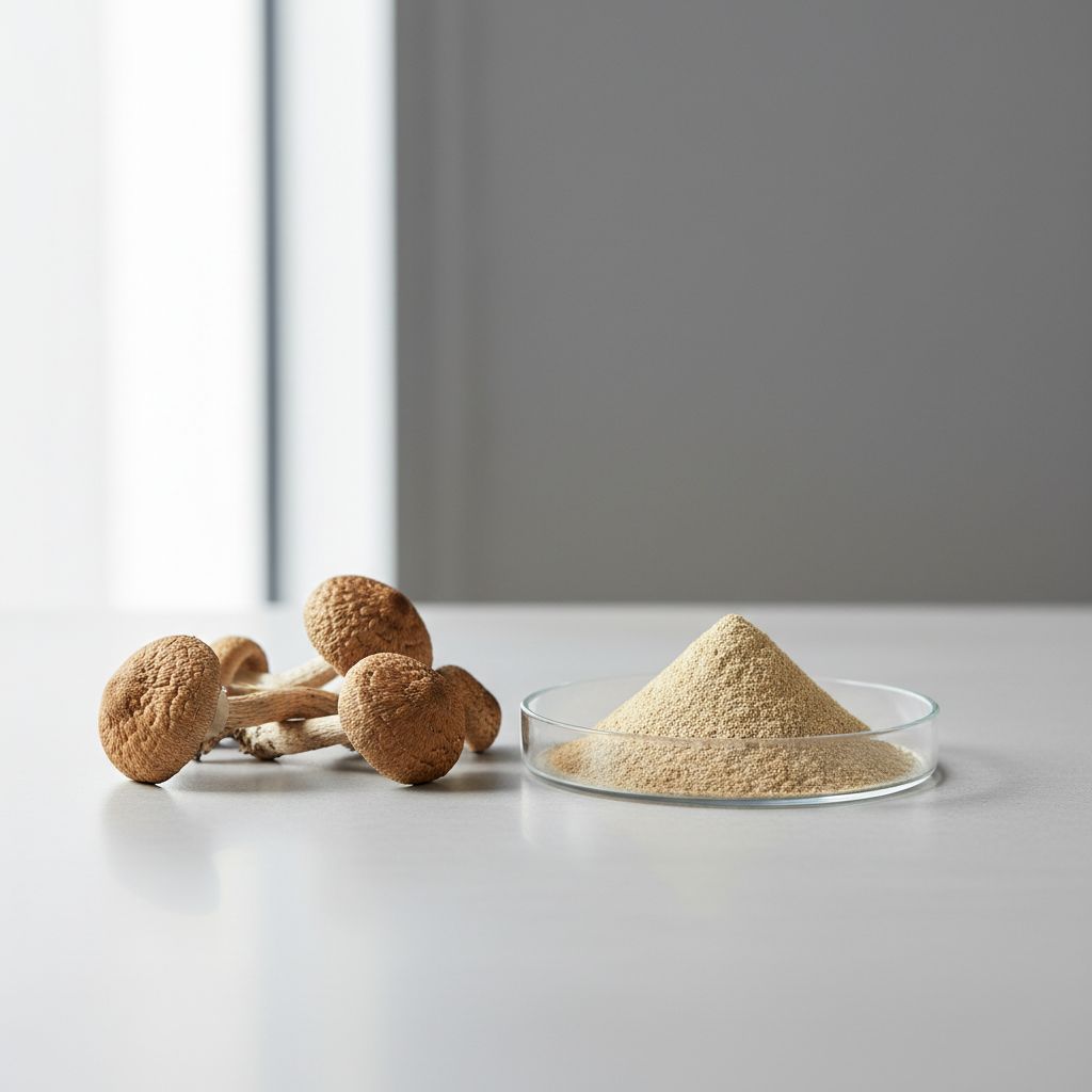 Illustrative studio sample of Agaricus Blazei Murrill Extract beside Agaricus subrufescens source material