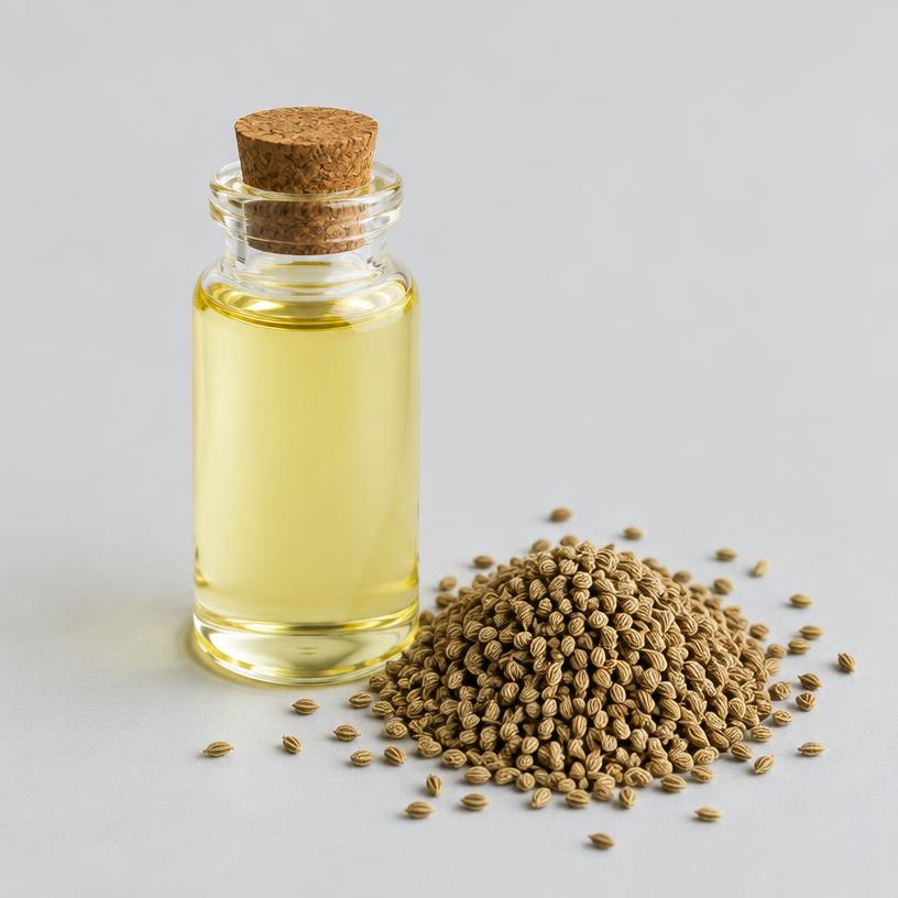 Ajwain Oil — Food & Flavour Grade — studio photograph of clear to pale mobile oil, presented as a B2B sourcing category illustration