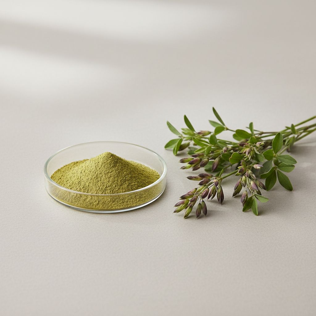 Illustrative studio sample of Alfalfa Extract beside Medicago sativa source material