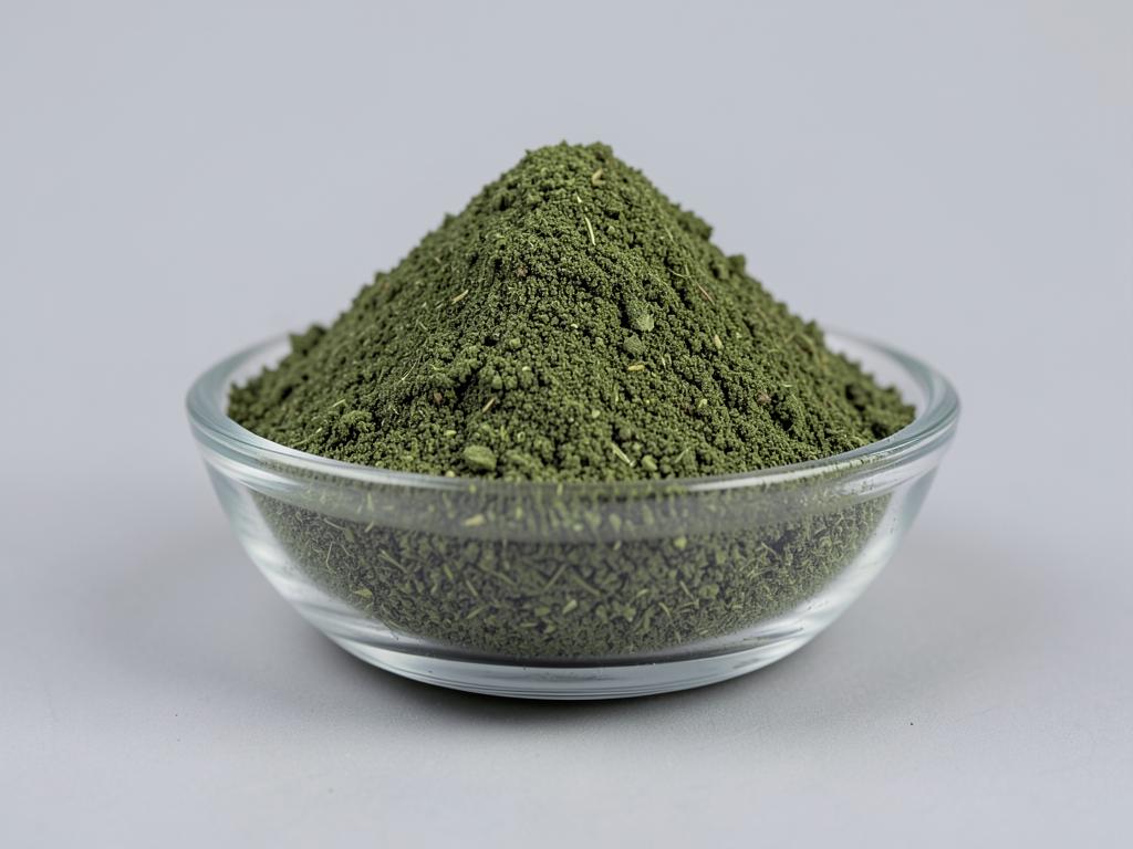 Alfalfa Grass Powder shown as a dried milled botanical powder in a shallow dish in a neutral studio photograph