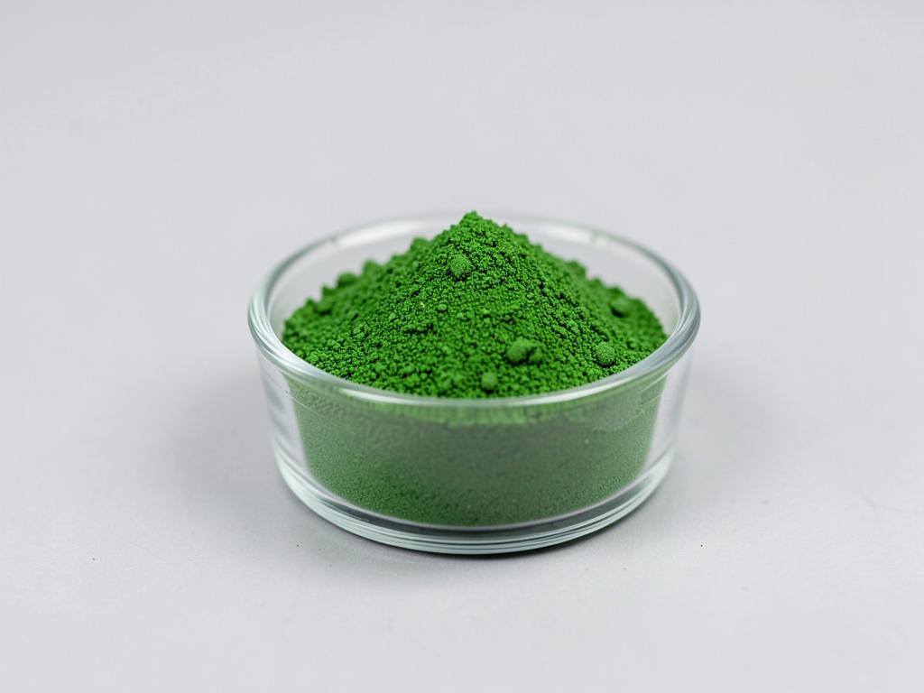 Alfalfa Leaf Juice Powder shown as a spray-dried juice powder in a shallow dish in a neutral studio photograph