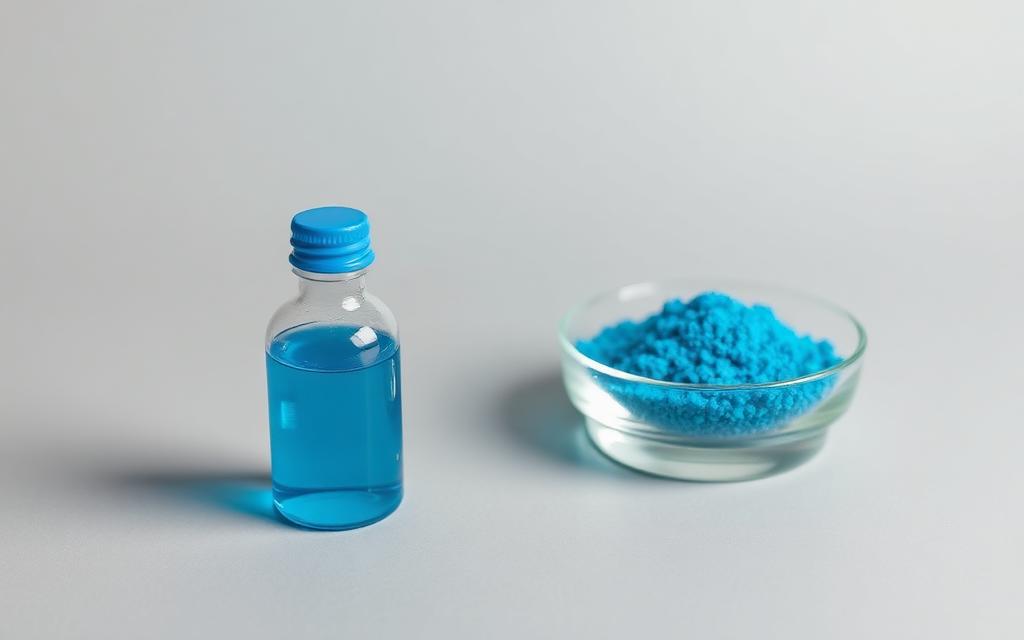 Studio category illustration for algaecides & microbial control — a bottle of blue liquid beside a dish of blue crystals