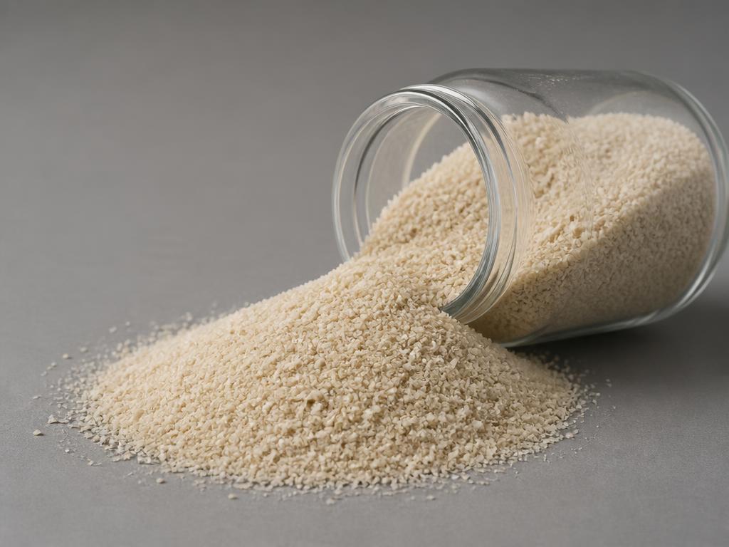 Pale tan alginic acid granular powder spilling from a clear glass jar onto a neutral grey studio surface
