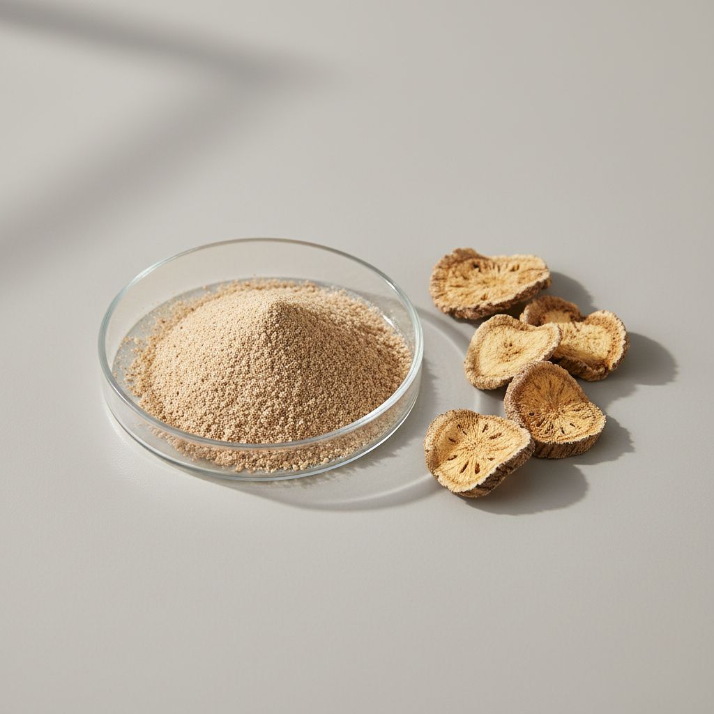 Illustrative studio sample of Alisma Rhizome Extract beside Alisma orientale source material