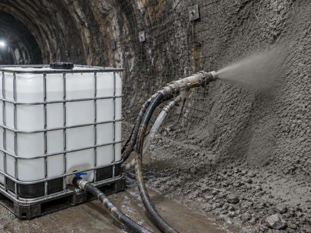 Liquid accelerator tote and shotcrete spraying in a tunnel — generic product illustration