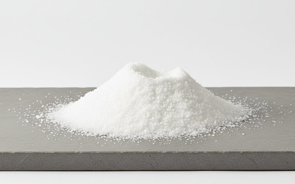 Grade confirmed at quotation — white crystalline powder, odorless and tasteless, featuring a dry texture that remains stable under normal storage conditions, studio product photograph