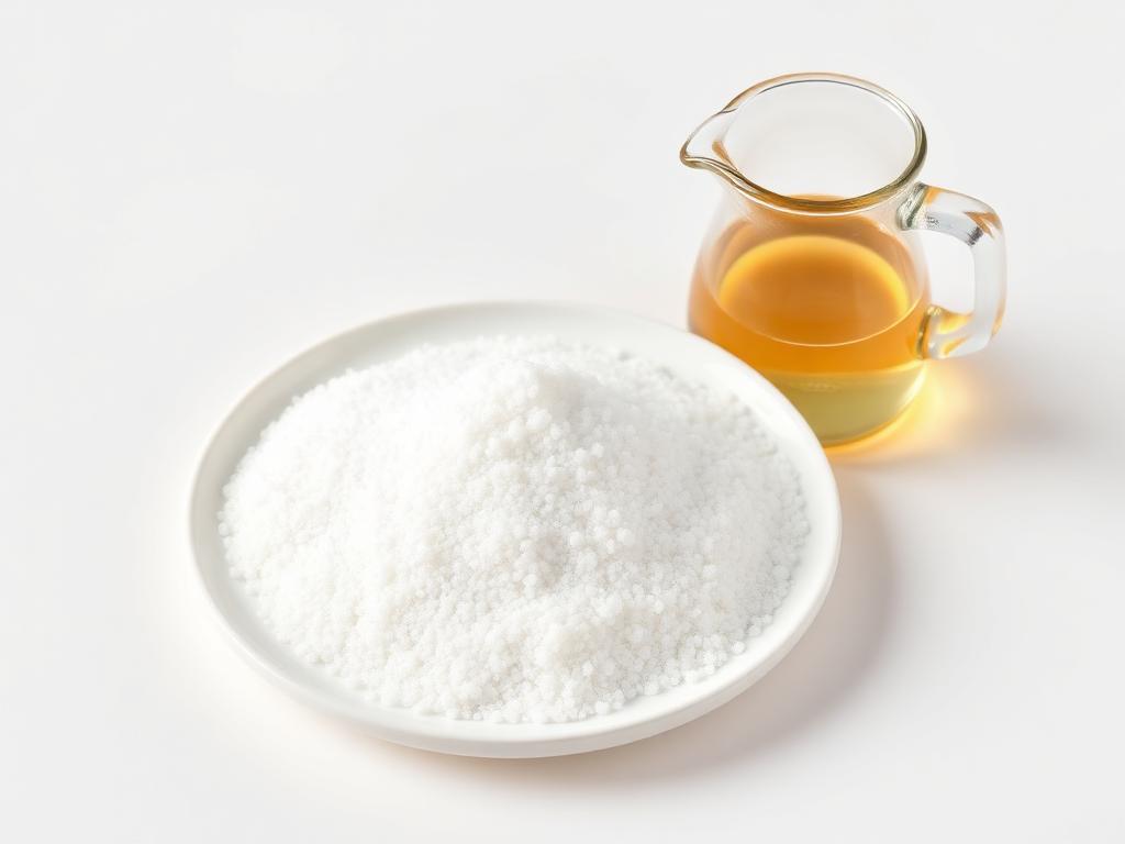 Allulose — studio photograph of the white crystalline powder or syrup as supplied in bulk