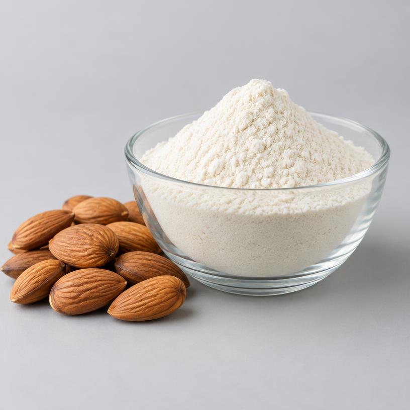 Almond Milk Powder — Food Grade — studio photograph of spray-dried powder, presented as a B2B sourcing category illustration