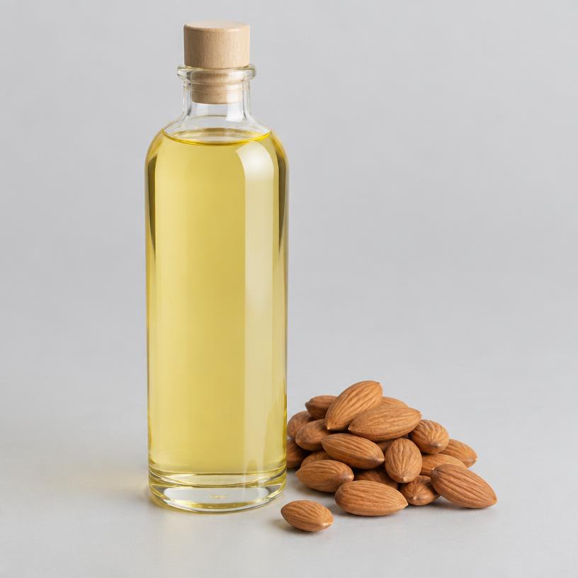 Almond Oil — Cosmetic Grade — studio photograph of pale yellow oil, presented as a B2B sourcing category illustration