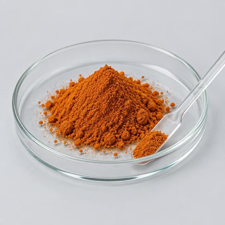 Illustrative studio sample of Aloe-emodin as orange crystalline powder in a laboratory dish