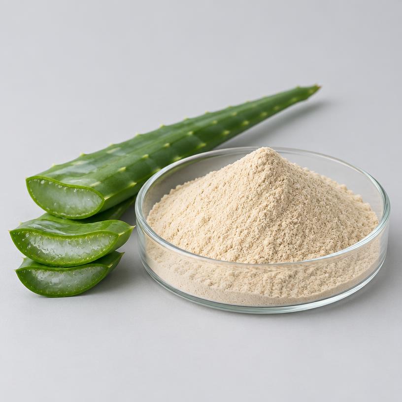 Aloe Vera Leaf Extract — Cosmetic Grade — studio photograph of extract powder or liquid, presented as a B2B sourcing category illustration