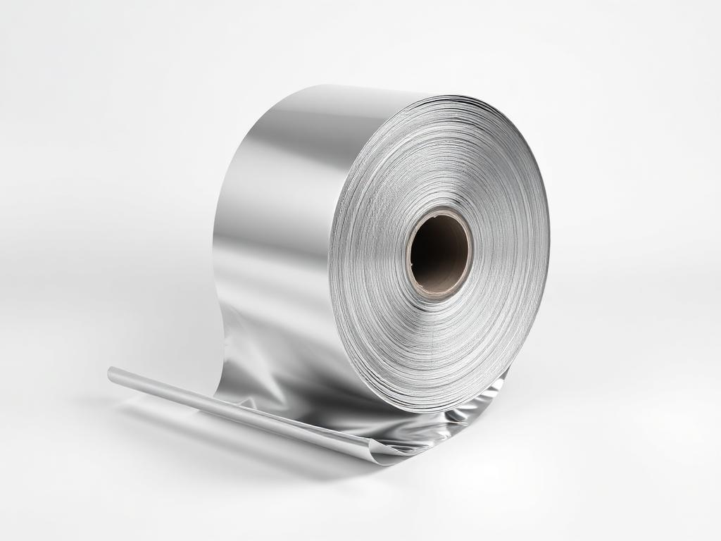Reel of bright converter-grade aluminium foil on a neutral studio background
