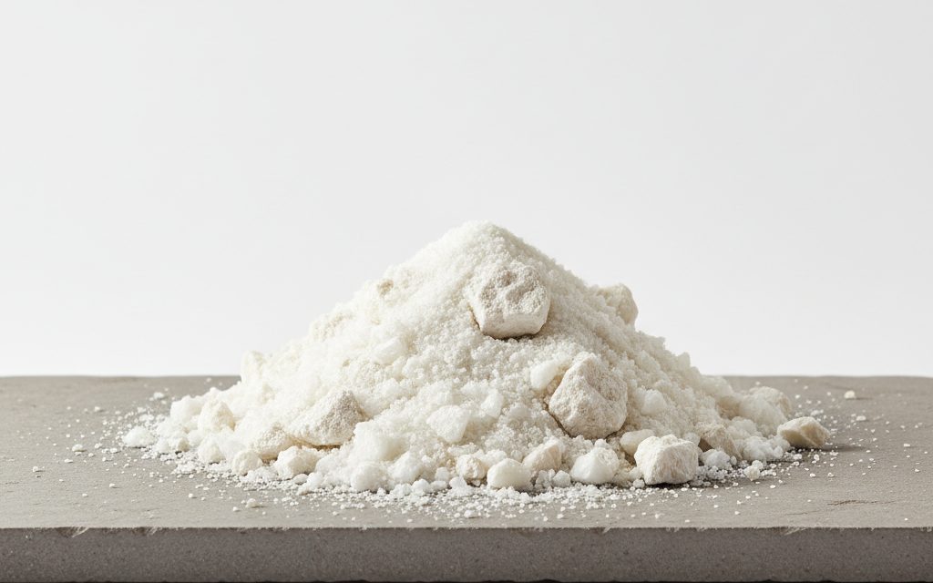 Grade confirmed at quotation — white or off-white lustrous crystals, granules, or powder, often appearing as dry, hard, crushed stony lumps, studio product photograph