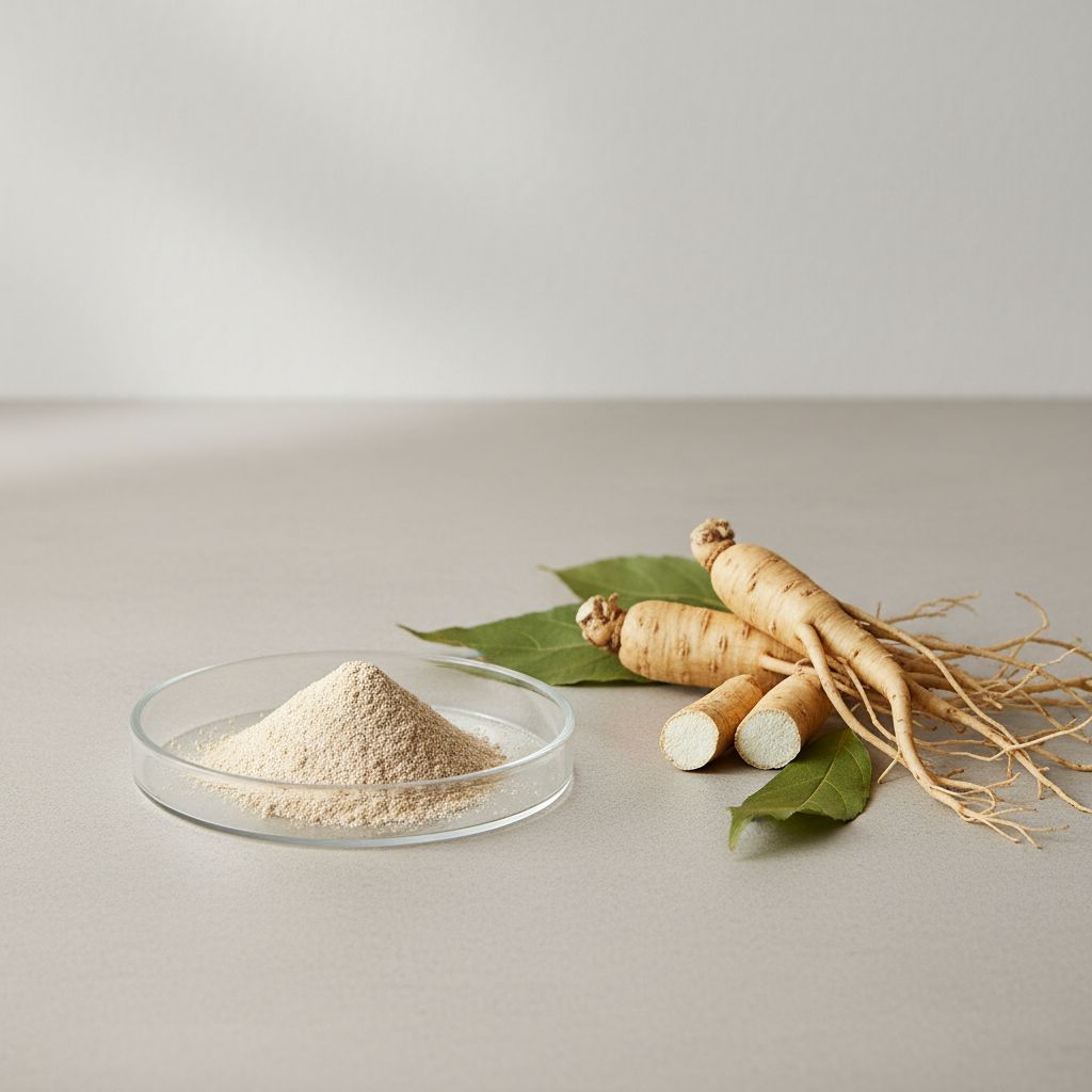 Illustrative studio sample of American Ginseng Extract beside Panax quinquefolius source material