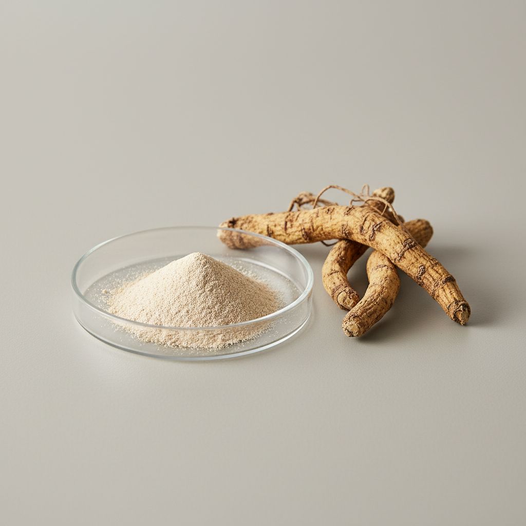 Illustrative studio sample of Anemarrhena Rhizome Extract beside Anemarrhena asphodeloides source material