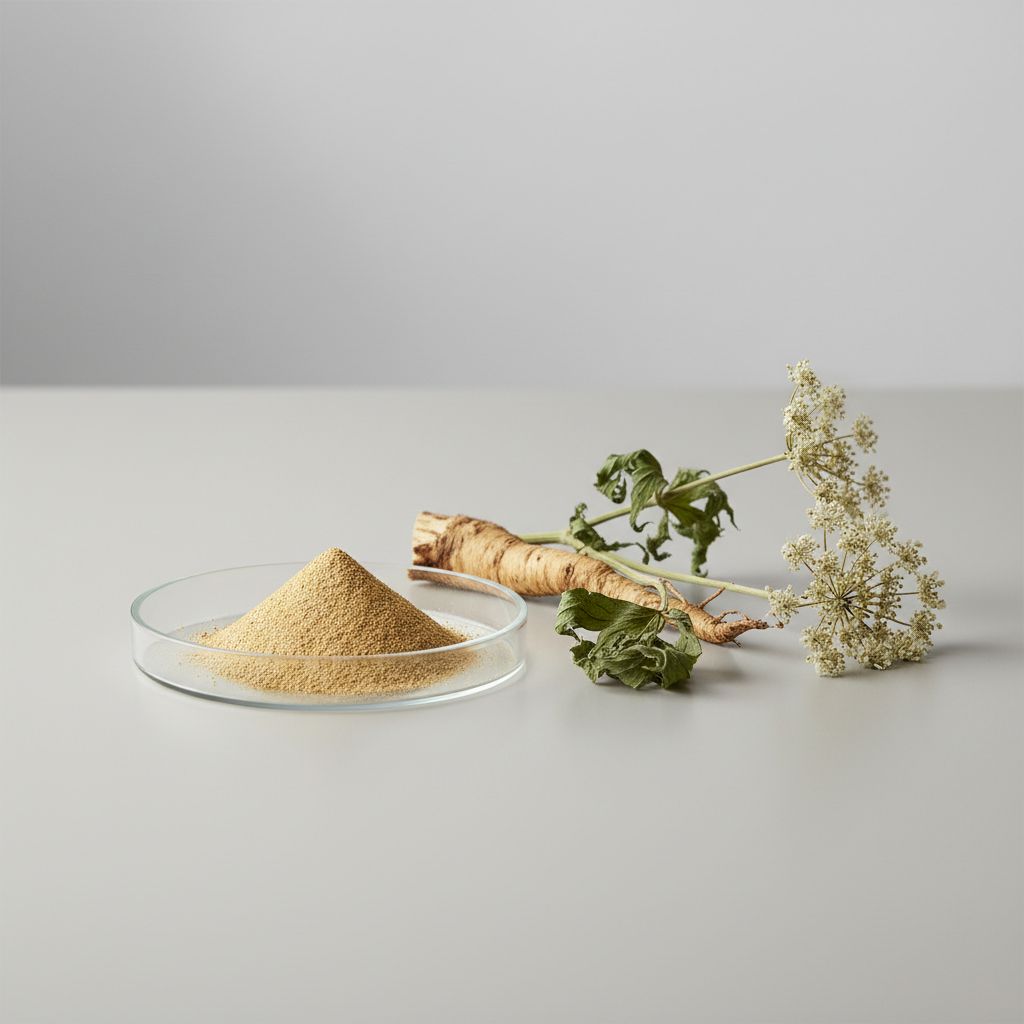 Illustrative studio sample of Angelica Archangelica Extract beside Angelica archangelica source material