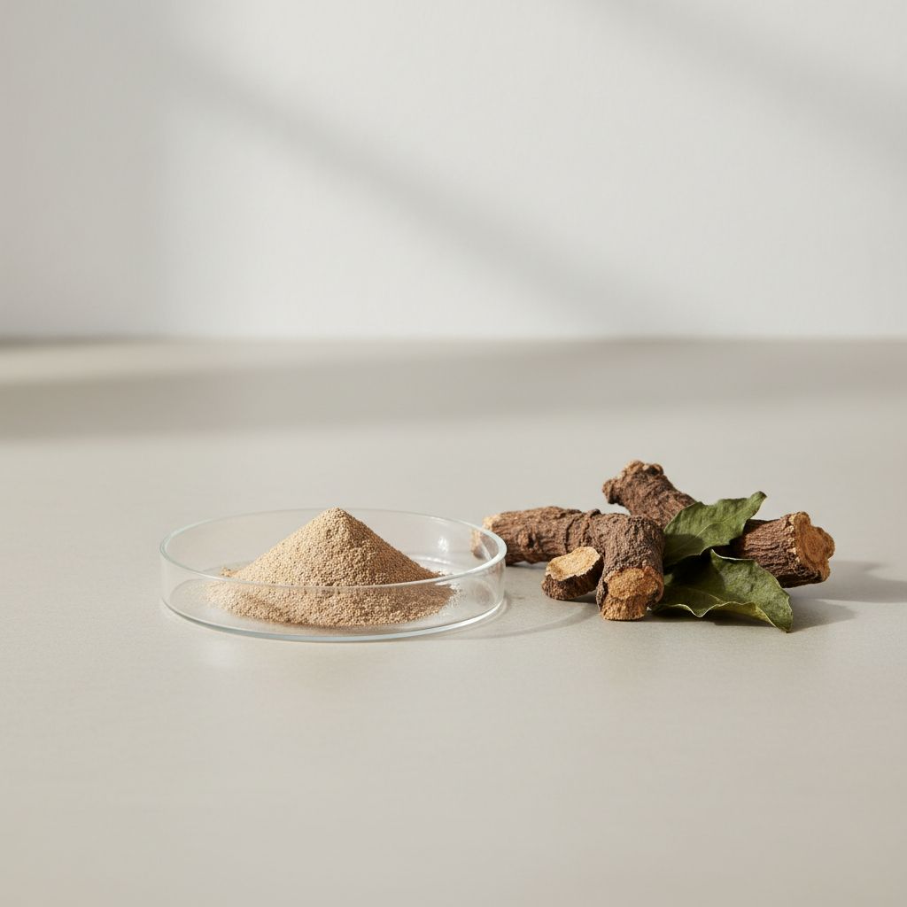 Illustrative studio sample of Angelica Pubescens Root Extract beside Angelica pubescens source material