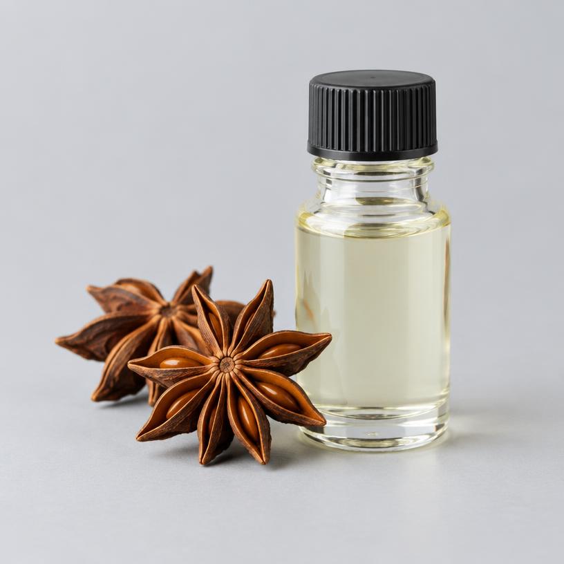 Anise Oil — Food & Flavour Grade — studio photograph of clear to pale mobile oil, presented as a B2B sourcing category illustration