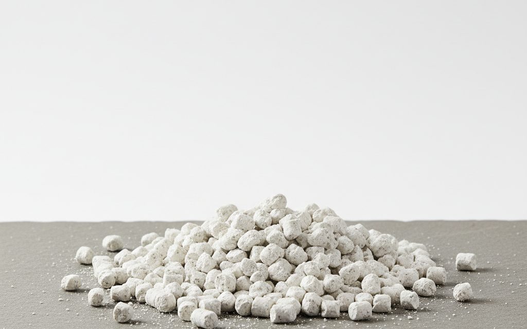 Grade confirmed at quotation — white or greyish solid pellets containing mineral fillers, having a dry, non-tacky surface and hard physical consistency, studio product photograph