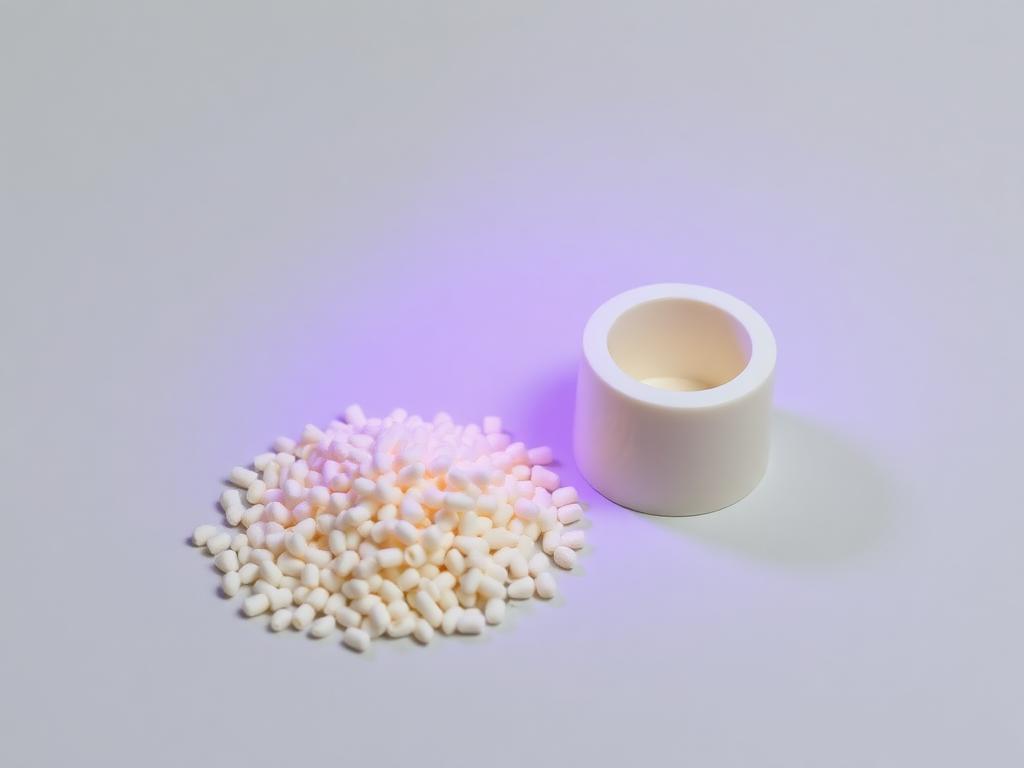 Small heap of neutral anti-counterfeiting masterbatch pellets beside a moulded component under a reader lamp on a neutral studio background
